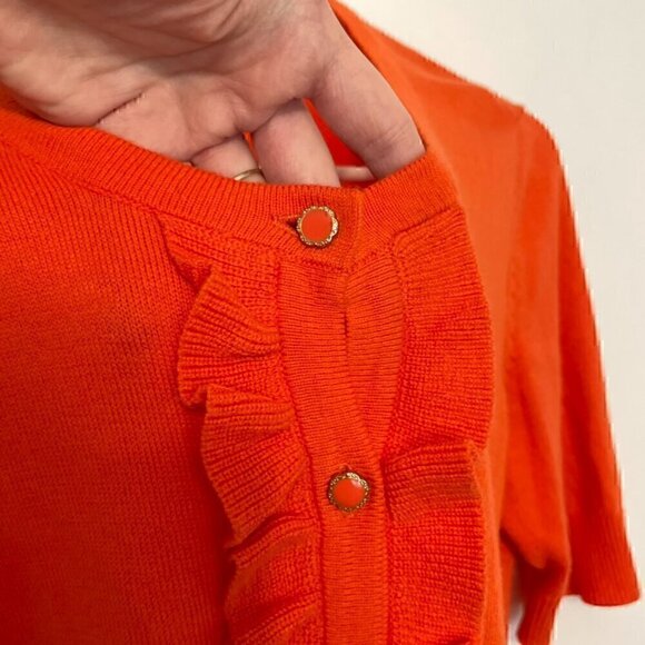 NEW YORK & COMPANY NY&CO Solid Orange Ruffle Short Elbow Sleeve Cardigan Sweater - Picture 6 of 15